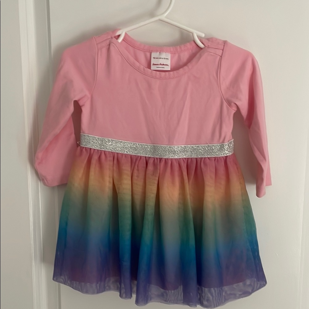 Hanna Andersson Pink and Rainbow Long Sleeve Dress with Silver Accent